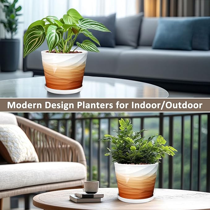 8 Inch Plant Pot, Ceramic Planter with Drainage and Saucer, Ceramic Pots for Plants, Indoor Plant pots,Ceramic Flower pots，Modern Planter(Khaki + White)