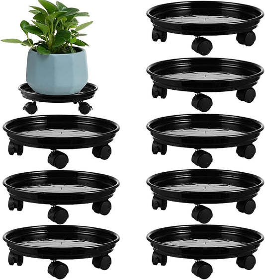 8 Packs Plastic Plant Caddy with Wheels 12” Heavy-duty Rolling Plant Stand with Wheels Plant Dolly with Casters for Indoor and Outdoor Plant Roller Base Plant Saucer Mover, Black