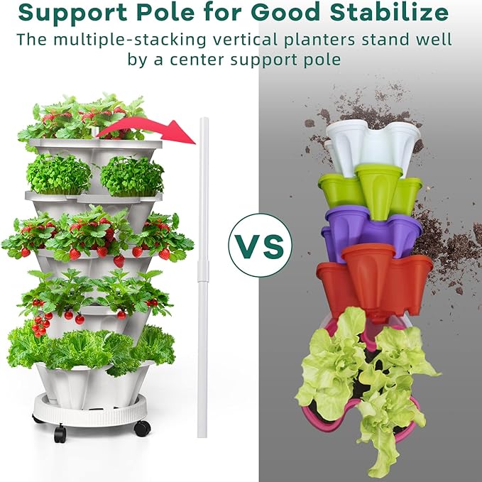 Strawberry Vertical Planters, 7 Tiered Stacking Tower Garden with Support Pole, Stackable Herb Vegetable Planters Indoor and Outdoor - Black