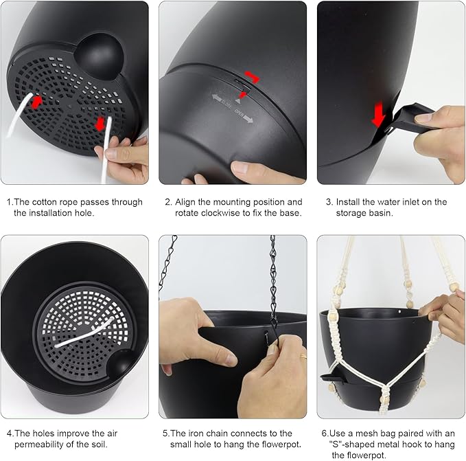 10 inch Self Watering Hanging Planters, 2 Pack Hanging Baskets for Indoor Outdoor Plants, Hanging Flower Pots with Drainage Holes & 2 Kinds of Plant Hangers for Garden Home Decor, Black