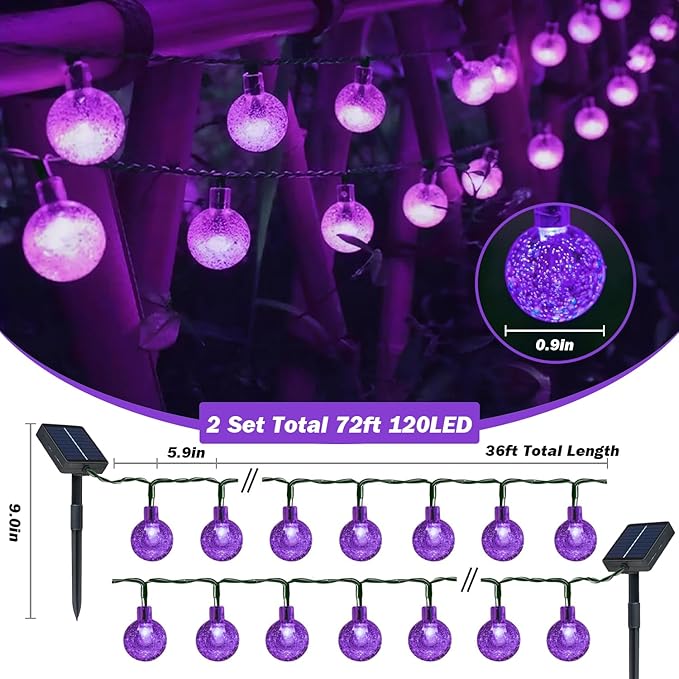 Solar Lights Outdoor Waterproof, 2 Pack Total 200LED 110FT Solar String Lights for Outside w/ 8 Modes, Outdoor String Lights Crystal Globe Patio Lights for Garden Yard Party Decor(Purple)