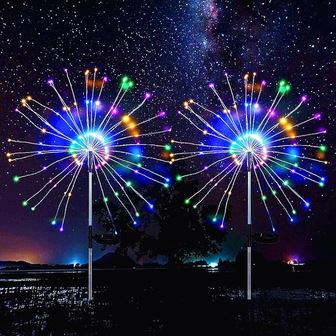 Upgrade Solar Garden Firework Lights Outdoor Decor Weatherproof 2 Pack with ROHS CE Certified,120 LED Solar Sparklers Fireworks SticksFairy Stake Lights,for Yard Pathway Flowerbed Decor (Colorful)