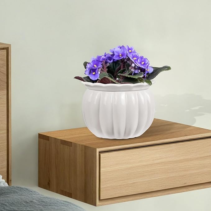 African Violet Self-Watering Ceramic Planter – 6 Inch Pot for Indoor Plants, Succulents, Herbs & Small Houseplants, Simple Self-Watering Design for Home & Office Décor, White