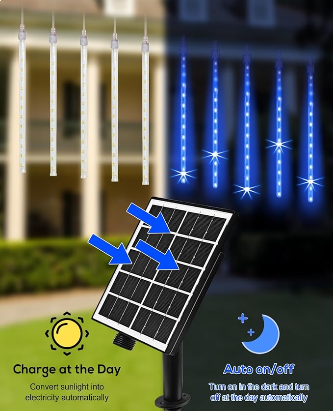 Solar Christmas Lights Outdoor Meteor Shower Lights Christmas Tree Lights Icicle light Snow Falling Rain String Lights Cascading LED Lights for Halloween Xmas Holiday Party Home Patio Mall Decor