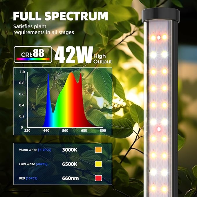 Barrina T10 Pro Standing Grow Light with Timer, 42W, 169 LEDs, Full Spectrum Vertical Grow Light for Indoor, Wide Coverage, 4FT to 5.6FT Height with Foot Switch, Ideal for Flowering and Tall Plants