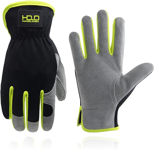 HANDLANDY Men Leather Gardening Gloves, Utility Work Gloves for Mechanics, Construction, Driver, Dexterity Breathable Design