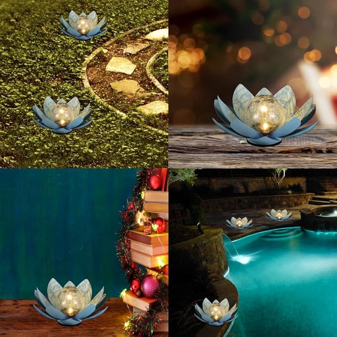 12 inches Solar Lights Outdoor Garden, Crackle Globe Glass Lotus Decoration, Waterproof LED Metal Flower Lights for Patio,Lawn,Walkway,Tabletop,Ground Gardening Gifts (Blue)