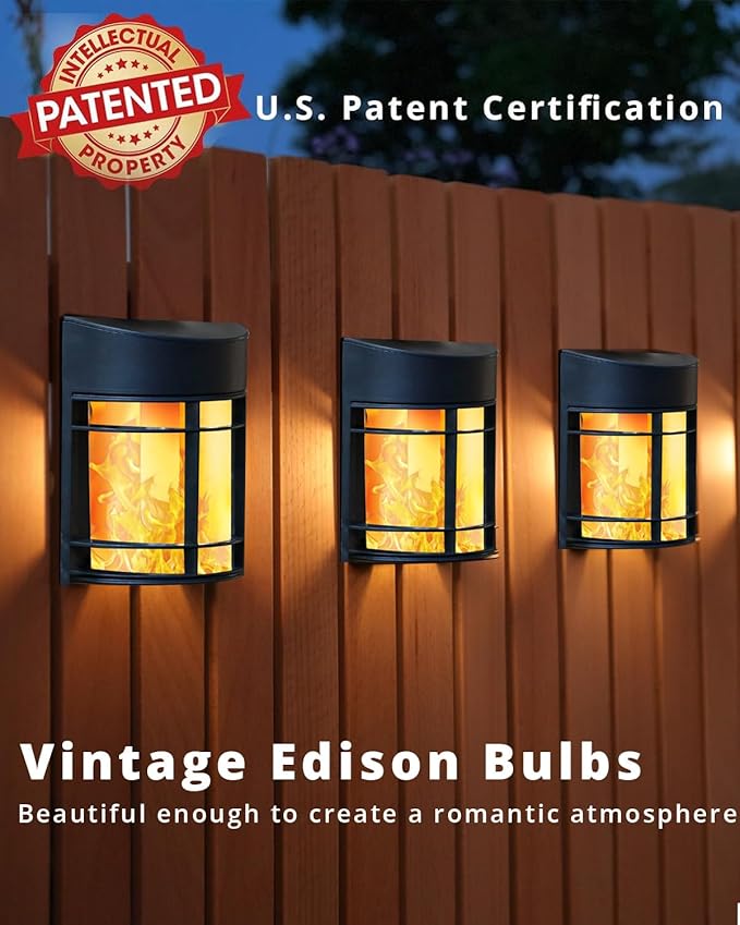 Flickering Flames Solar Fence Lights, Upgraded 8 Pack Waterproof Solar Outdoor Lights for Deck Fence Post Yard