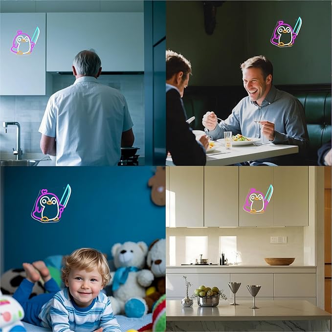 Penguin Neon Sign Dimmable Penguin Knife Neon Signs for Wall Decor LED USB Powered Cute Anime Neon Light Sign For Boys Bedroom Room Garden Party Restaurant Home Decoration Birthday Gifts