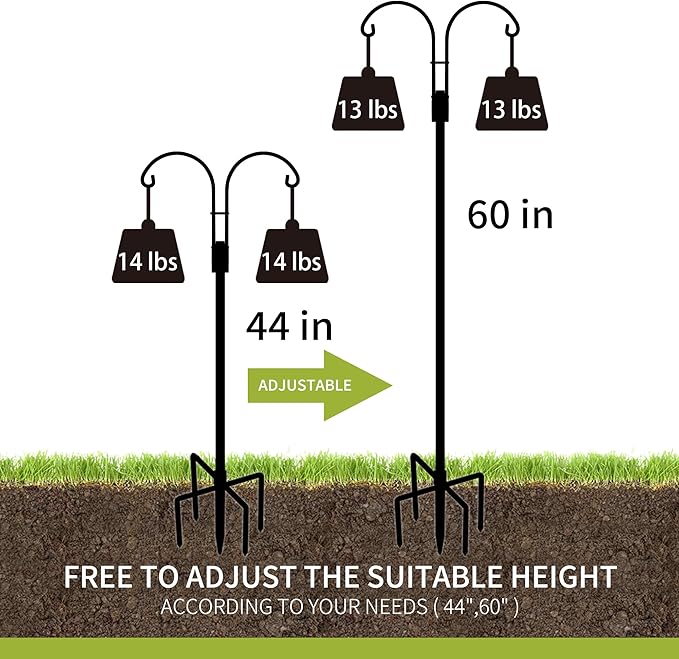 XDW-GIFTS Double Shepherds Hooks for Outdoor, 2-Pack Heavy Duty Garden Pole for Hanging Bird Feeder, Plant Baskets, Solar Light Lanterns, Garden Plant Hanger Stands with 5 Base Prongs