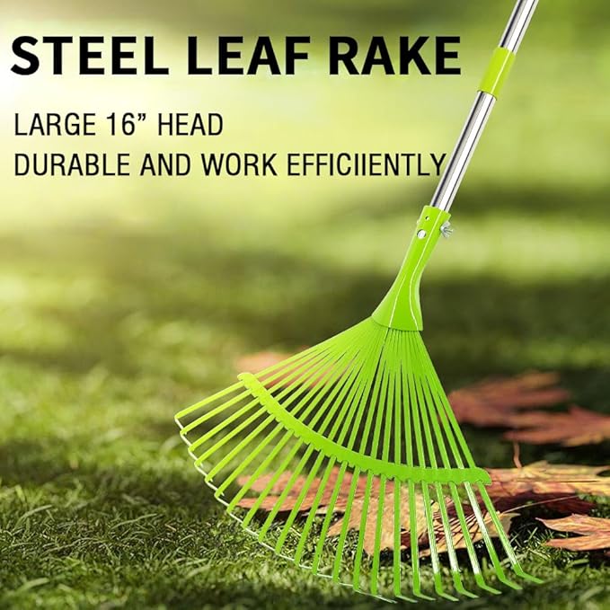 Leaf Rake Set, Garden Rakes for Leaves, 65inch Adjustable Long with 16" Wide Metal Tines, Lawn Rake with Two Lightweight Leaf Scoop-Gardening Grabbers for Leaf Lawn Grass Removal