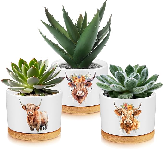 3 Pcs Highland Cow Decor Gift for Christmas Women Planter Ceramic Gift Animal Plant Pot with Bamboo Tray for Office Home Farm House Bathroom Kitchen Decorations (No Plants Included)