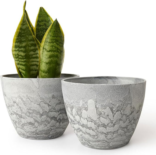 LA JOLIE MUSE Flower Pots Outdoor Garden Planters, Indoor Plant Pots with Drainage Holes, Plastic, Marble Pattern Grey, Set 2 (7.5 + 7.5 Inch)