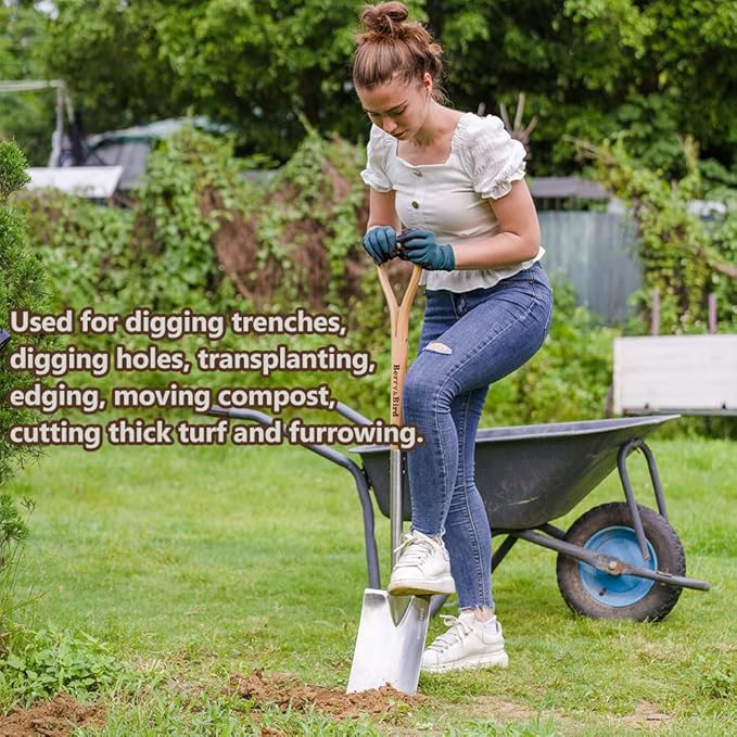 Berry&Bird Garden Digging Spade, 41" Stainless Steel Square Border Spade, Heavy Duty European Shovel with D-Grip Handle, Traditional English Style Flat Shovel for Digging, Yard Work, Transplanting