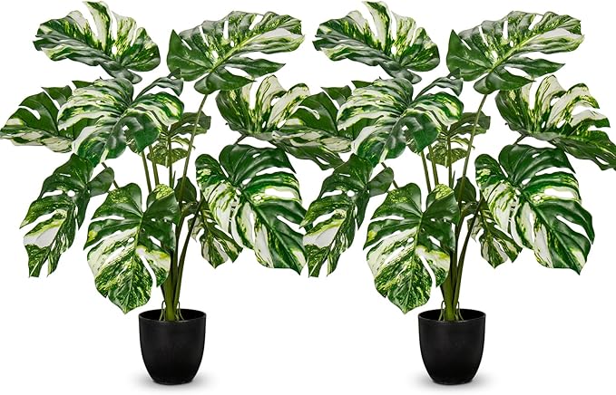 Hollyone Artificial Monstera Plant 2FT Faux Monstera Deliciosa Plant in Black Pot Fake Swiss Cheese Tropical Plant Potted for Indoor Outdoor Floor Home Office Living Room Decor, 2 Pack