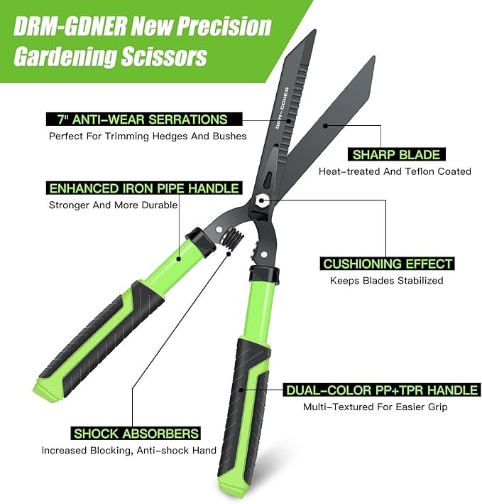 Garden Hedge Shears Heavy Duty,23" Manual Hedge Clippers with New Tech Serrated Blade & Dual Shock Absorbing Cushion,Shears Gardening Tools