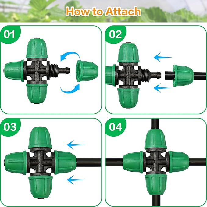 1/4 Inch Drip Irrigation Fittings, Lock Barbed 4 Way Couplings for ¼ in. Tubing, 25 Pieces Drip Irrigation Parts Locked Cross Connectors, Drip Line Nuts Connectors for 1/4" Drip Irrigation Hose