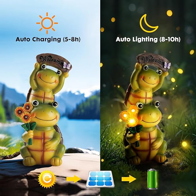 Garden Turtle Outdoor Statues, Solar Garden Statue Two Sweet Frog Face Turtles Decor with 3 LED Lights, Unique Art Resin Gifts for Patio Lawn Porch Yard