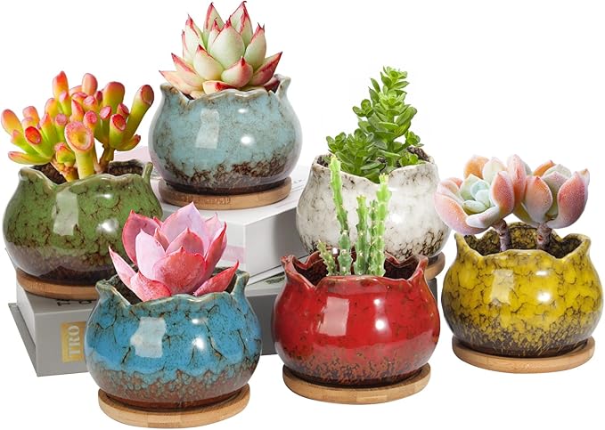 Laerjin Succulent Pots, 4 Inch Ceramic Plant Pots and Drainage Hole with Bamboo Tray, Colorful Flower Planter Pot, Pack of 6, Plants Not Included