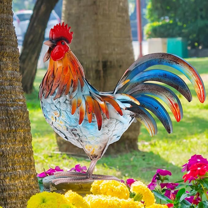 Metal Rooster Decor Garden Statue,Yard Chicken Decorations Outdoor Sculpture for Backyard Patio Kitchen Lawn Ornaments,Birthday for Women Mom