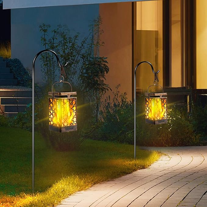 TomCare Solar Lights Upgraded Solar Lantern Flickering Flame Outdoor Hanging Lantern Decorative Lighting Solar Powered Waterproof LED Flame Umbrella Lights for Patio Garden Deck, 2 Pack(Bronze)