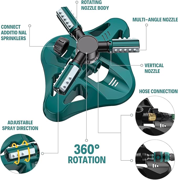 Garden Sprinkler,Upgrade Lawn Sprinkler Automatic 360 Degree Rotating Irrigation Sprinkler System, Garden Hose Sprinkler for Yard/Built in 36 Units Angle Spray Nozzles-1Pack(Green)