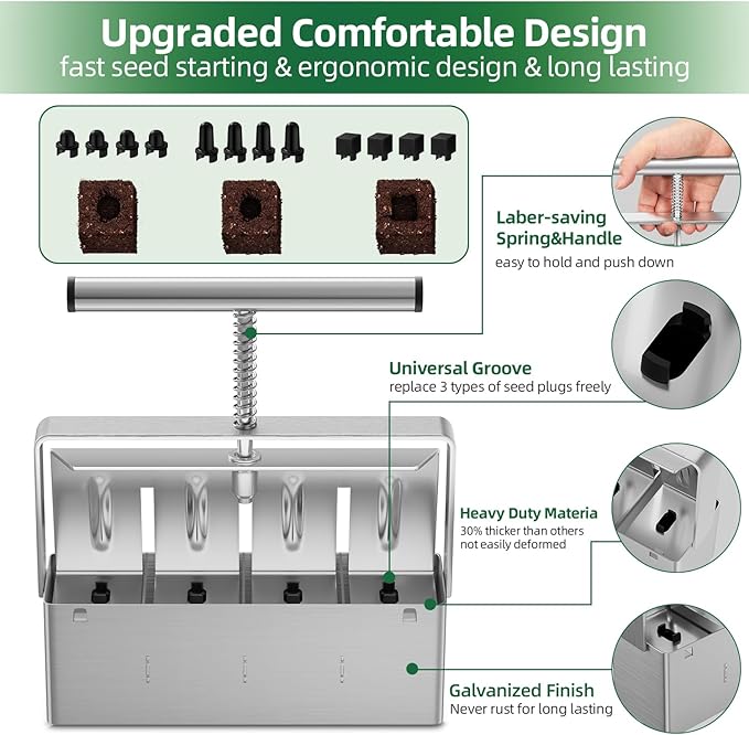 Soil Blocker 2 Inch 4 Cell Upgraded Soil Block Maker Heavy Duty with Comfortable Handle and 3 Sizes Seed Pins Handheld Soil Blocking Tool for Seed Starting transplanting Germination
