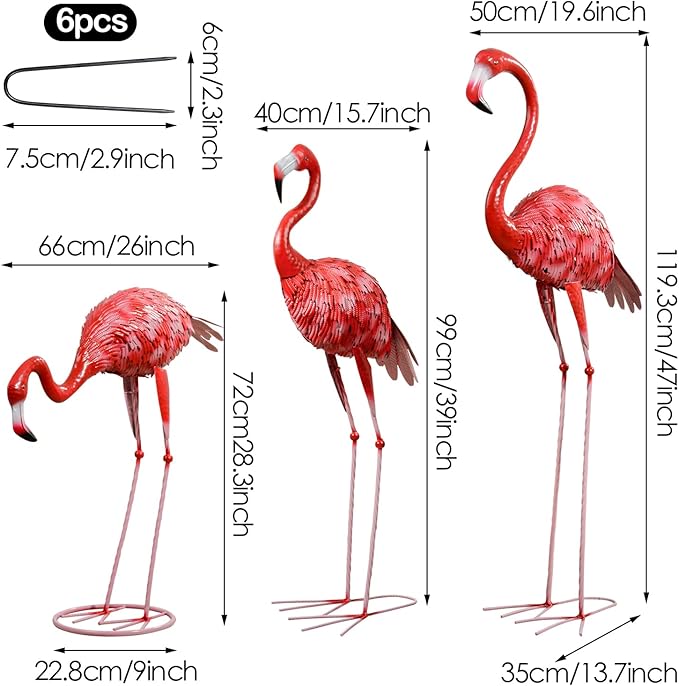 XONOR Metal Flamingo Garden Statues Large Red Flamingo Yard Art Outdoor Sculptures for Home Patio Lawn Backyard Décor, Set of 3