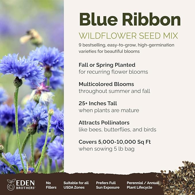 Eden Brothers Blue Ribbon Flower Mixed Seeds for Planting, 5 lb, 2,400,000+ Seeds with Blue Bell, Cornflower Blue, Chicory, Attracts Pollinators, Plant in Spring or Fall, Zones 3, 4, 5, 6, 7, 8, 9, 10