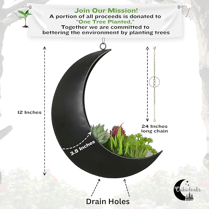 Black Hanging Moon Planter with Drain Holes - Moon Room Decor - Unique Planters for Succulents,Air Plant, Cactus, Artificial Plants- Plant Lover Gifts - Boho,Hippie, Birthdays,Witchy Gifts for Women