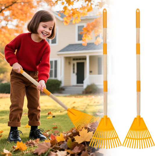 Acostop 2 Pcs Kids Rakes with Wood Handle - 34" Lightweight Plastic Garden Rake for Leaves, Safe to Use Kid Yard Tools for Boys Girls Fall Gardening Gifts (Yellow)