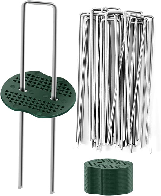 GROWNEER 100 Pack Galvanized Landscape Staples 6 inch 11 Gauge Garden Staples and 100 Pack Gasket U-Shaped Tent Stakes SOD Pins Yard Stakes for Securing Weed Fabric Barrier Ground Cover Fence