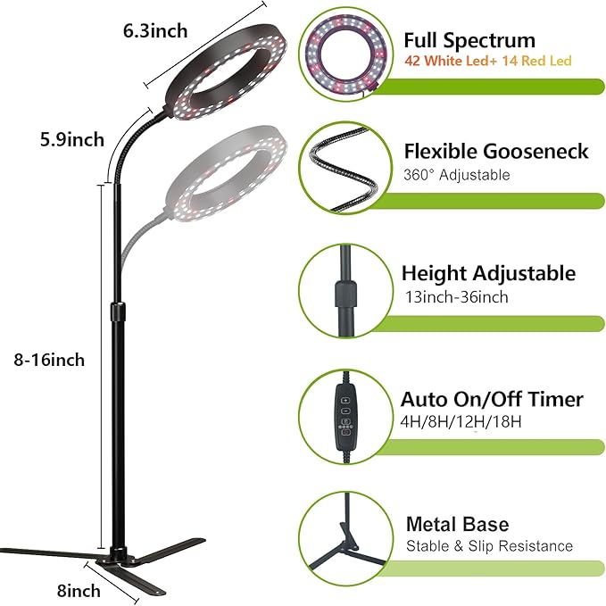 GooingTop Grow Light 50W, 6000K LED White Full Spectrum Plant Growing Lamp for Home Office Indoor Plants,Adjustable Height & Auto Timer 4 8 12Hrs, Ideal for Micro Greens Faster Growth