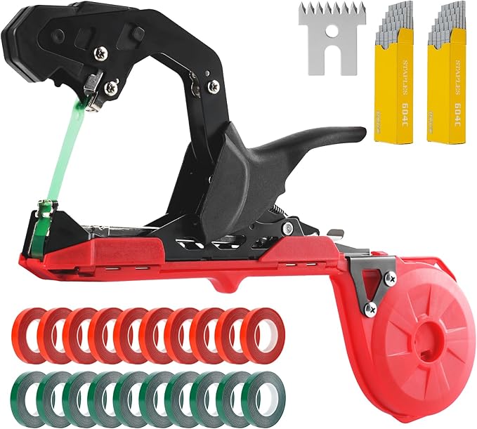 Upgraded Plant Tying Machine, Lightweight Plant Type Gun with 20 Rolls Tapes, 20000Pcs Staples to Tie Up Vine, Plant Tying Tool with SK5 Blade Replacement for Tomato, Cucumber, Grape (Red)