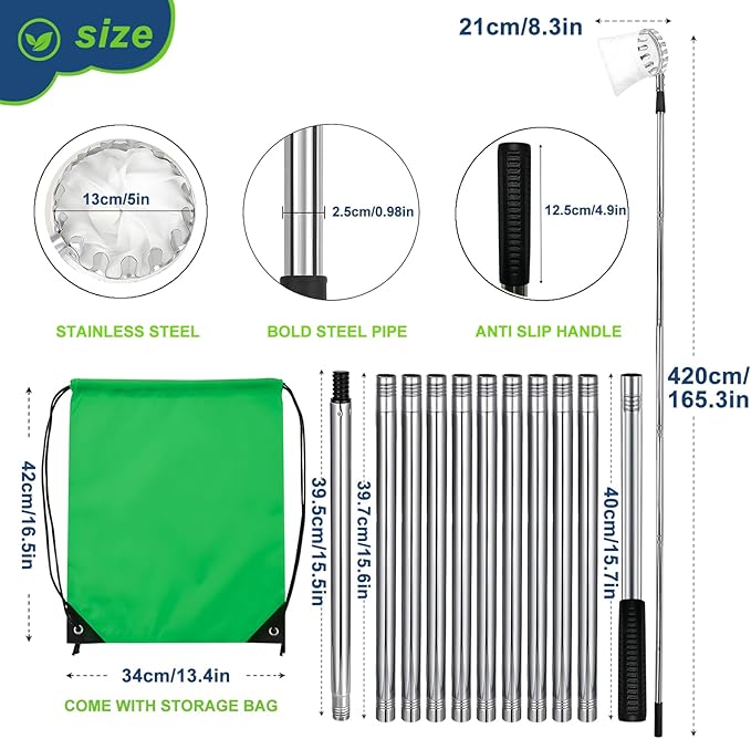 Fruit Picker Pole Tool with Basket Telescoping, 3.2FT-13.8FT Adjustable Pole, Apple Picker Tool with Soft Bag, Long Handle Picker for Avocado, Lemon, Orange, Mango, Limes, Persimmons, Plums