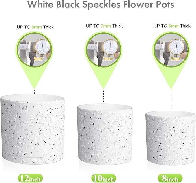 12/10/8 inch Large Plant Pots, 3 Pack Cylinder Deep Flower Pots for Outdoor Indoor Plants, Tall Plastic Planters with Drainage Holes and Saucers for Garden House Plants, Speckled White