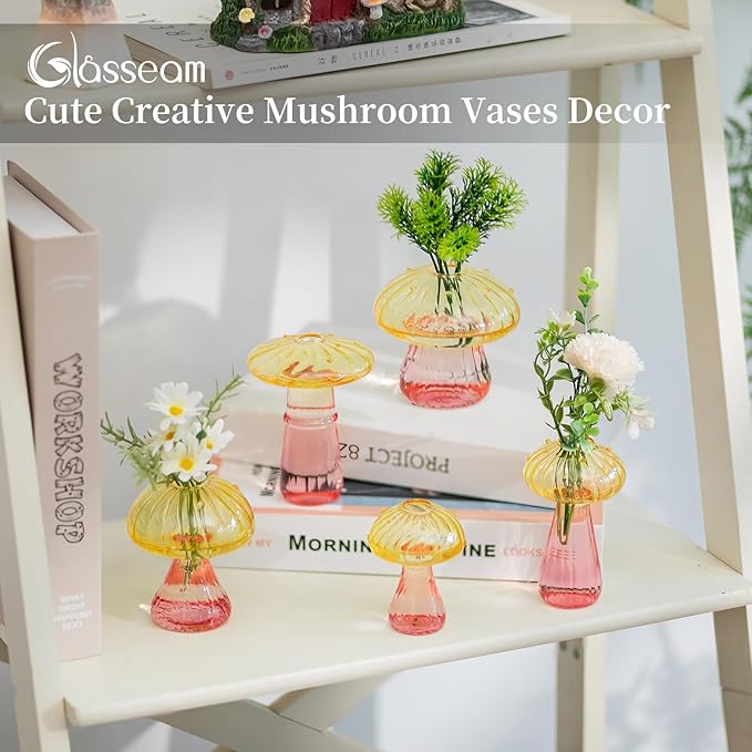 Glasseam Mushroom Plant Propagation Stations: Colored Glass Terrarium Jar Set of 10 Cute Planters for Indoor Plants Mini Propagate Station Unique Christmas Birthday Gifts for Women Home Office Decor