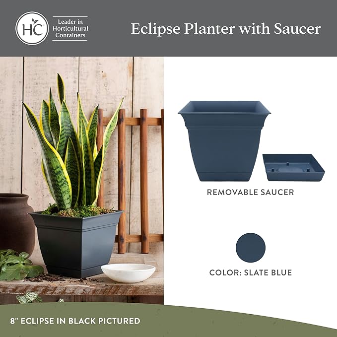The HC Companies 10 Inch Eclipse Square Planter with Saucer - Indoor Outdoor Plant Pot for Flowers Vegetables Herbs, Slate Blue (Pack of 2)
