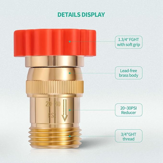 LF Brass Drip irrigation Inline Water Pressure Reducer Regulator 20~30PSI - Protect Drip System from High-Pressure Faucet Water,3/4" GHT Connector