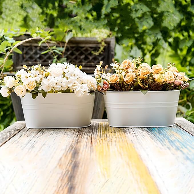 3 Pack Metal Hanging Flower Pots for Railing Fence，Outdoor Balcony Rail Planter with Detachable Hooks Drainage Holes for Deck Garden Home Decor White