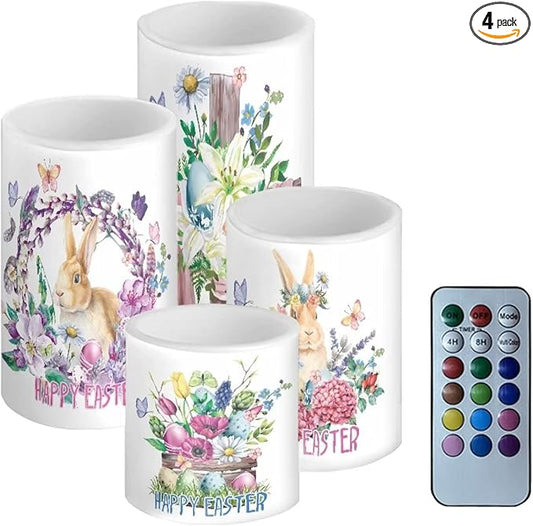 Happy Easter Flameless LED Candles Electric Candles with Remote Timer Colorful Light Control Long Lasting for Easter Day Decorations Pack of 4, Bunny Flower Butterfly Wreath, White