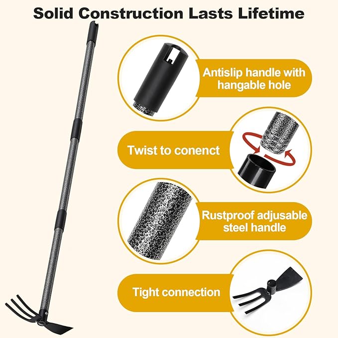 Garden Hoe and Cultivator, Heavy Duty Hand Hoe with Tiller with 31” Long Handle, Cultivator Hoe Garden Tools Durable Cultivator Hoe Rake Fork for Gardening Weeding Planting Loosening Soil