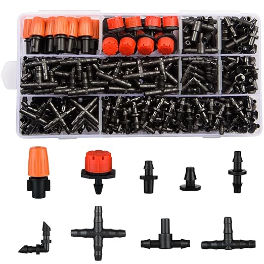 300Pcs Drip Irrigation Fittings Kit for 1/4" Tubing, Drip Line Connectors for Drip Systems- Drip Emitters, Nozzles, Nozzle Tees, Single barbs, 4-Way Connectors, End Plugs, Elbows, Tees, Couplings
