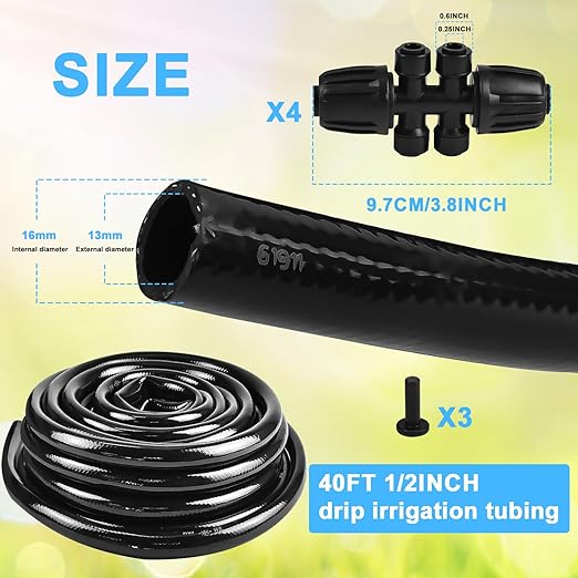 40FT Drip Irrigation Tubing, 1/2 inch Blank Distribution Tubing Kit, Garden Watering Tube Line with 4PCS 6-Way Quick Connector and 3 Plugs for Garden Irrigation System (40FT)