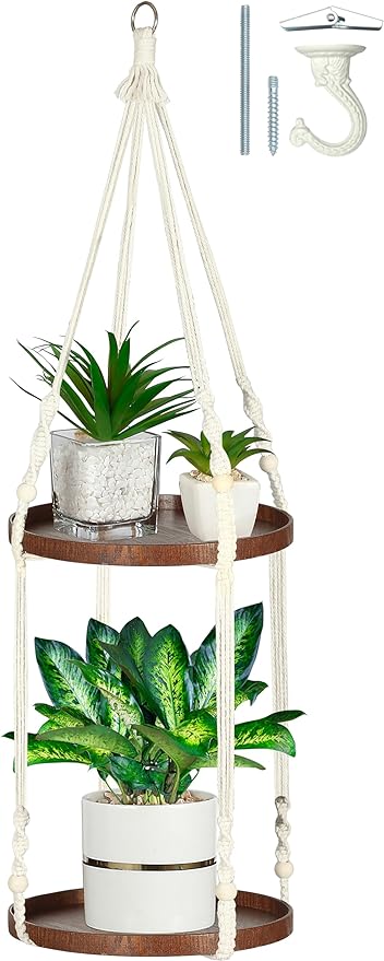 2 Tier Macrame Plant Hanger | Plant Hanger Indoor, Hanging Planter | Hanging Planter Shelf (Beige) (Large, 12" Shelf)
