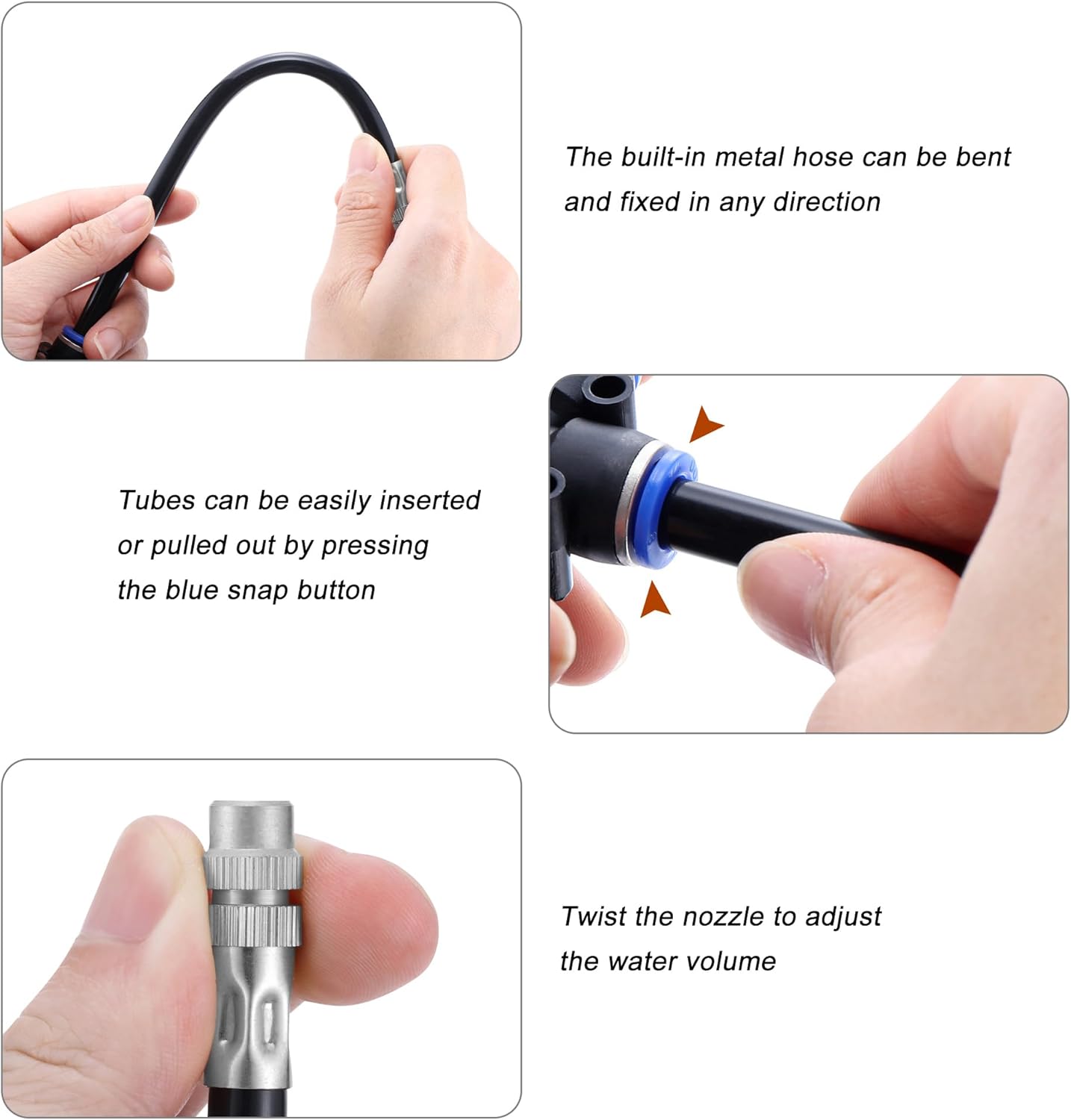 Mornajina 5Packs Brass Misting Nozzles Tee with 12inch Built in Hose for Outdoor Cooling System, Adjustable 360° Rotation, Water Mister Nozzles Thread Sprayer 0.043" (1.1 mm)