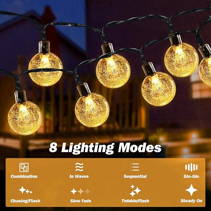 Solar Lights Outdoor Waterproof, 2 Pack Total 120LED 72FT Solar String Lights for Outside w/ 8 Modes, Outdoor String Lights Crystal Globe Patio Lights for Garden Yard Party Decor (Warm White)