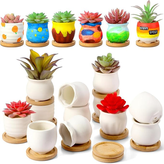 Remerry 24 Pcs Small Ceramic Pots 2.5 Inch Mini Succulent Pots Valentine's Day Gifts DIY Figurines Paint Craft Kit Unpainted Ceramic Bisque with Drainage Hole Ready to Paint for Classroom (Classic)