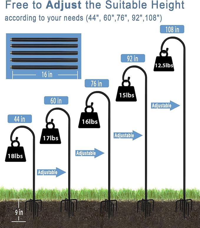 108 inch Outdoor Shepherd Hook with 7 Prong Base (1 Pack), Adjustable Heavy Duty Garden Hanging Stake for Bird Feeder Solar Light Plant Hanger Wedding Decor, Matte Black