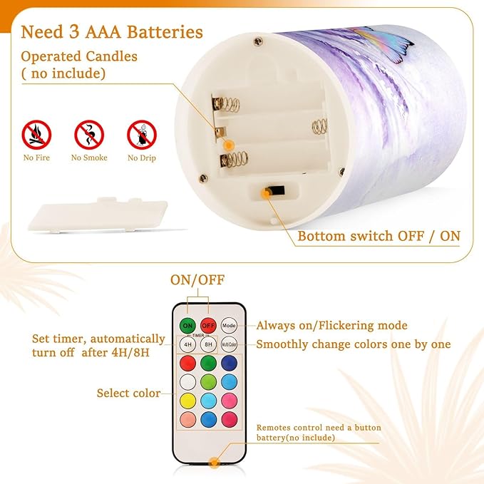 Flickering Flameless Candles, Lavender Butterfly Purple LED Candles with Remote Timer, Set of 2 Battery Operated Candle for Valentine Wedding Birthday